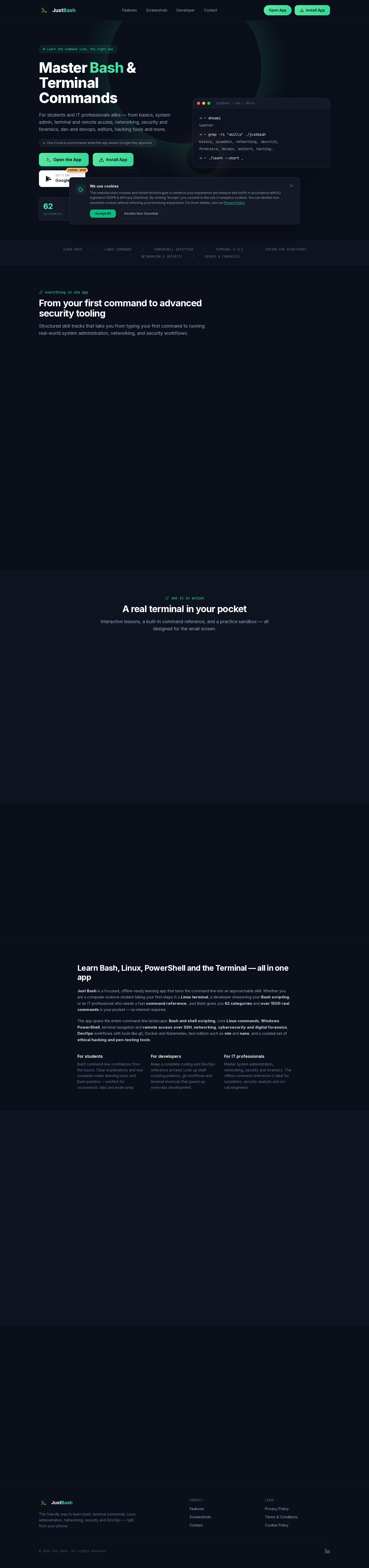 JustBash website screenshot — A focused, offline-ready learning app for mastering Bash, Linux, PowerShell, and terminal commands.