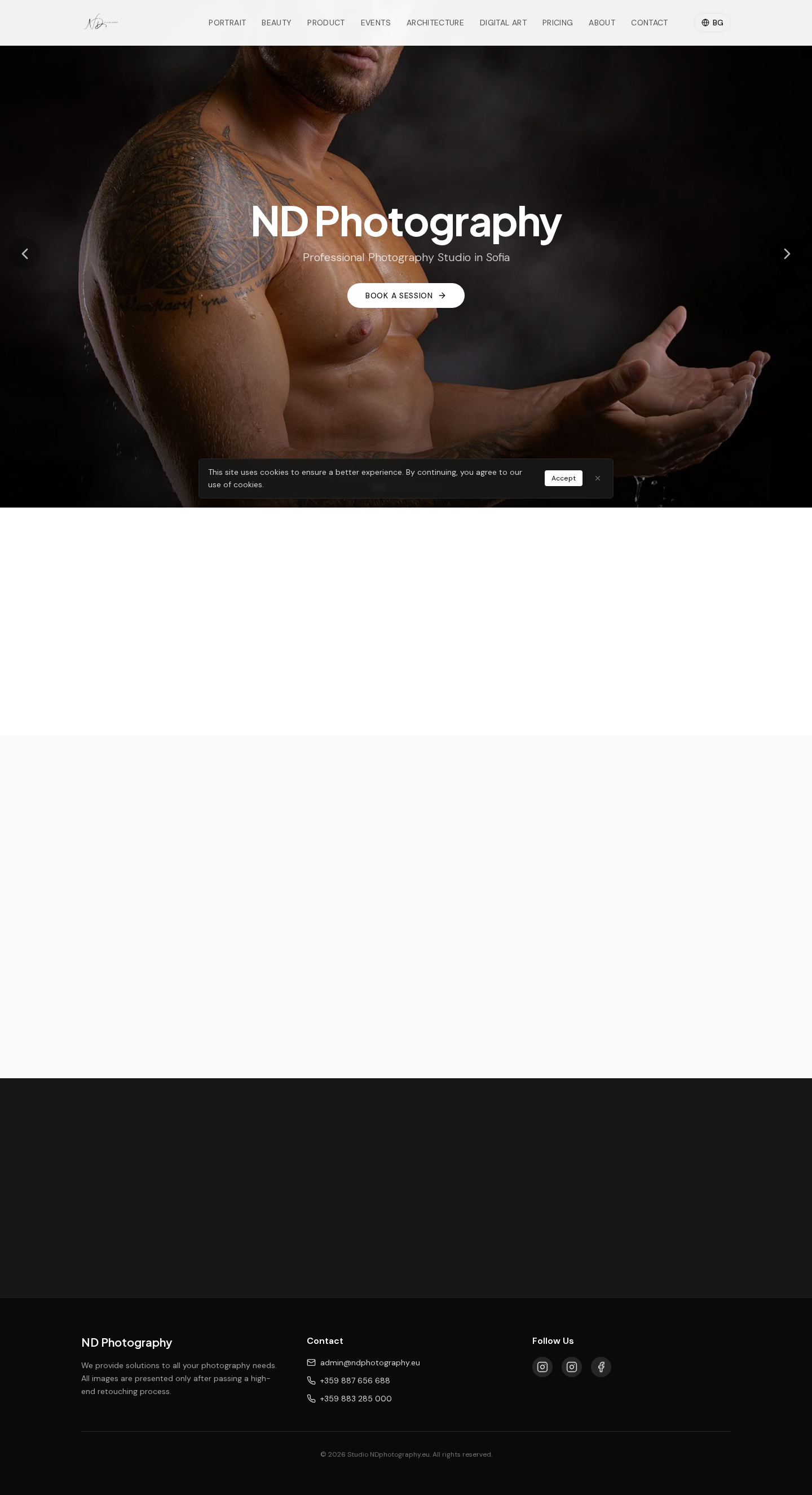 ND Photography website screenshot — A professional photography studio in Sofia specialising in portrait, beauty, product, and event photography.